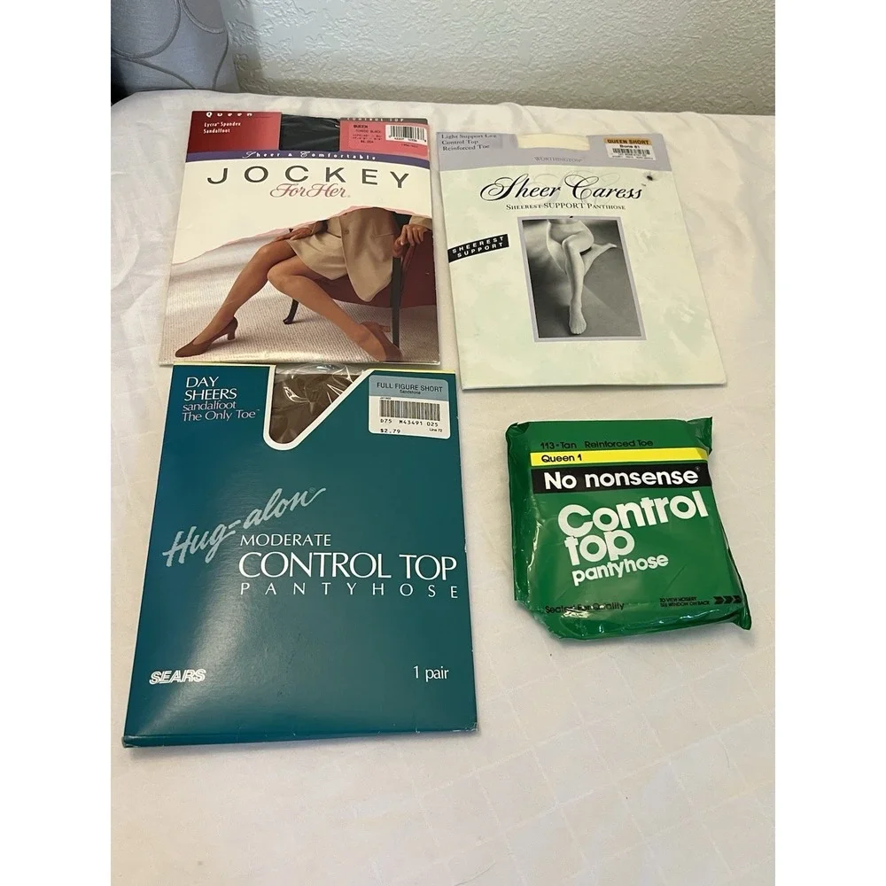 PANTYHOSE Queen Lot Of 4  Variety Brands Control Top NEW Tan Black‎ Bone Vintage